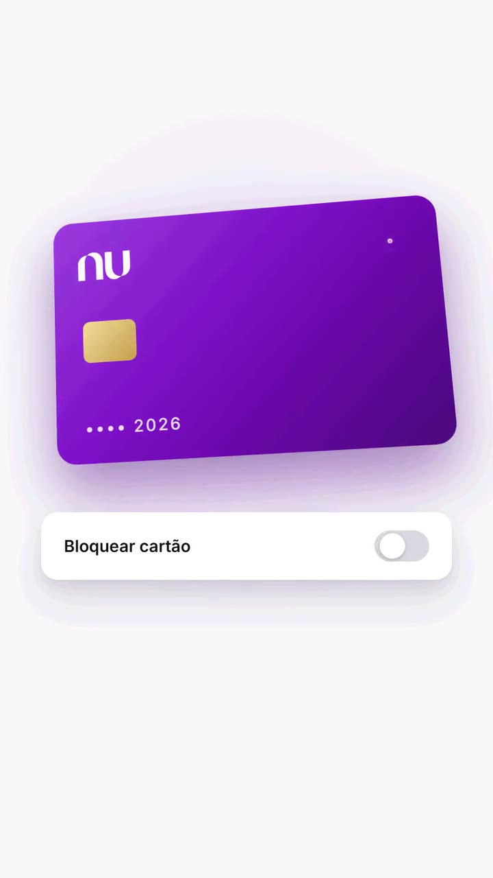 Quadro de um comercial autoral em motion: tela de cartão roxo com botão de bloquear